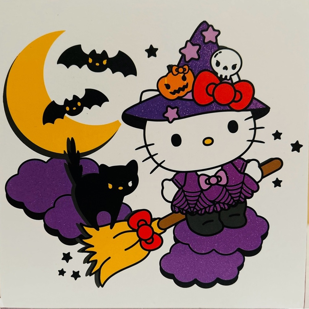 Hello Kitty Witch on Broom with Black Cat Wall Hanging Halloween Block Sign